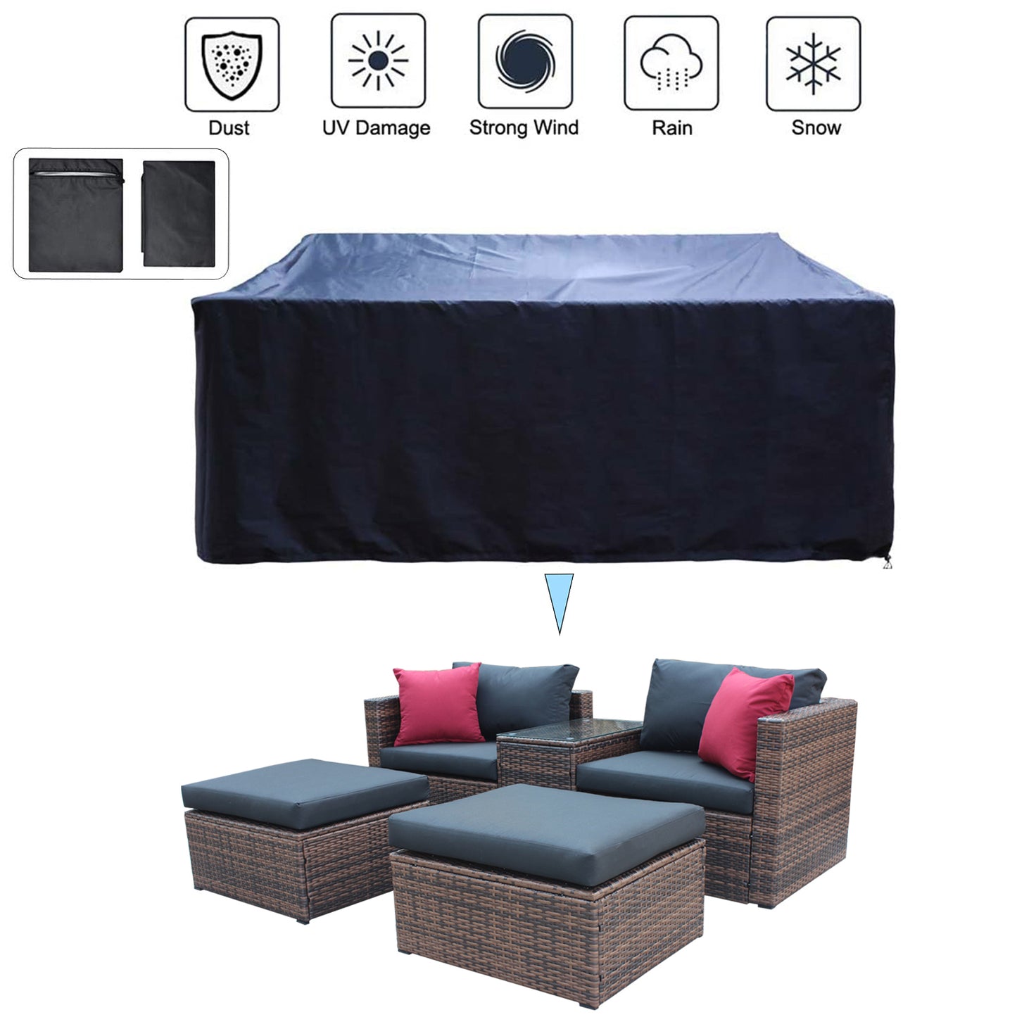 Updated 5 Pieces Outdoor Patio Garden Brown Wicker Sectional Conversation Sofa Set with Black Cushions and Red Pillows,w/ Furniture Protection Cover