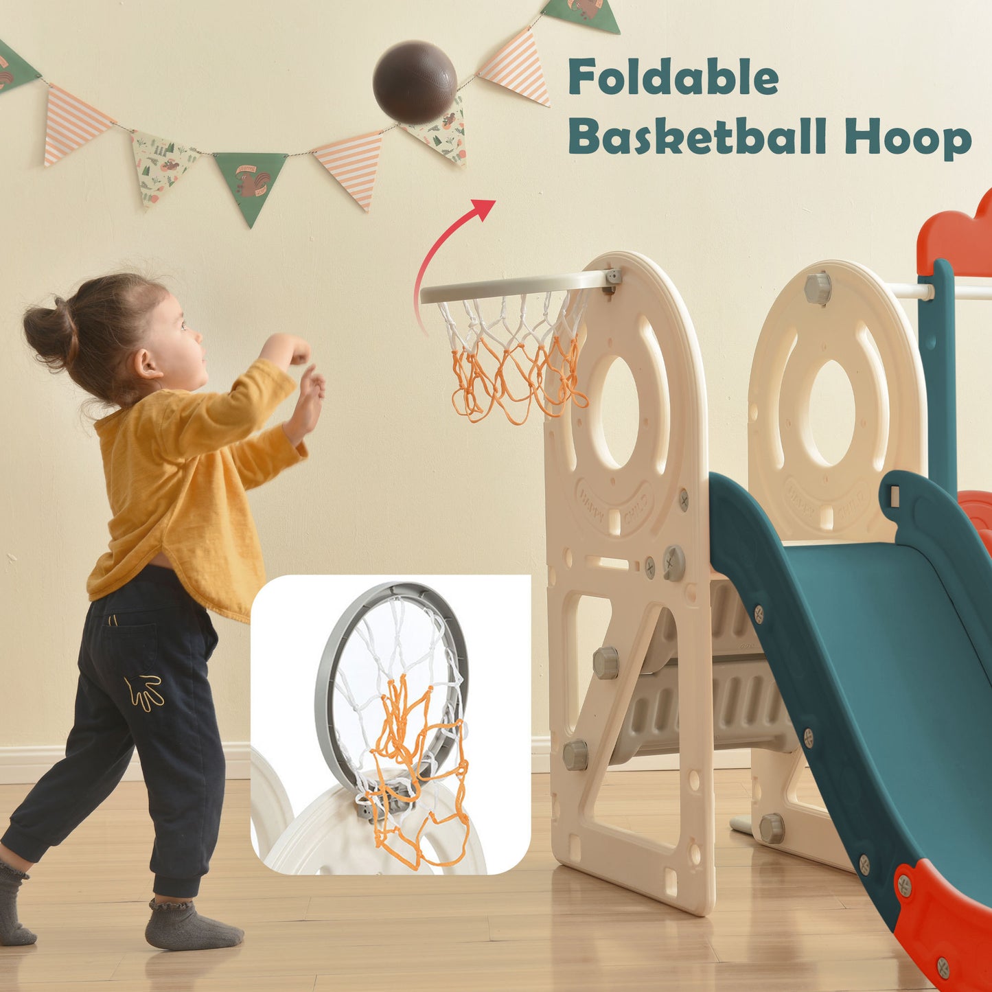 Kids Slide with Bus Play Structure, Freestanding Bus Toy with Slide for Toddlers, Bus Slide Set with Basketball Hoop