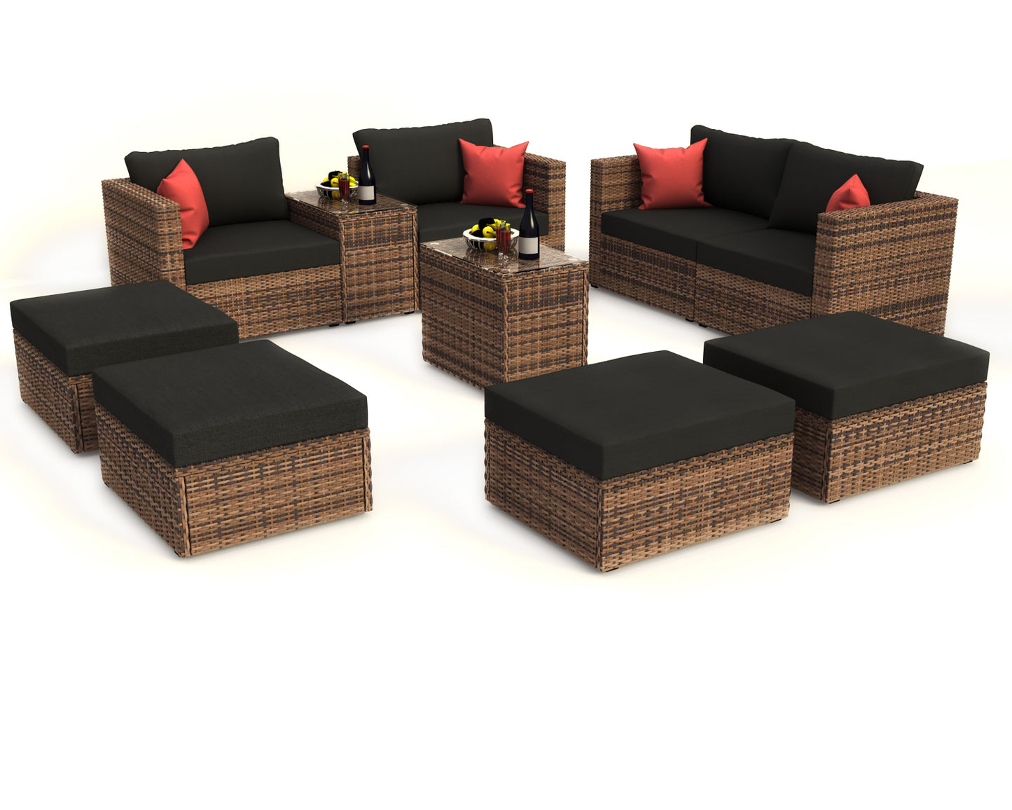 10 Pieces Outdoor Patio Garden Brown Wicker Sectional Conversation Sofa Set with Black Cushions and Red Pillows,w/ Furniture Protection Cover