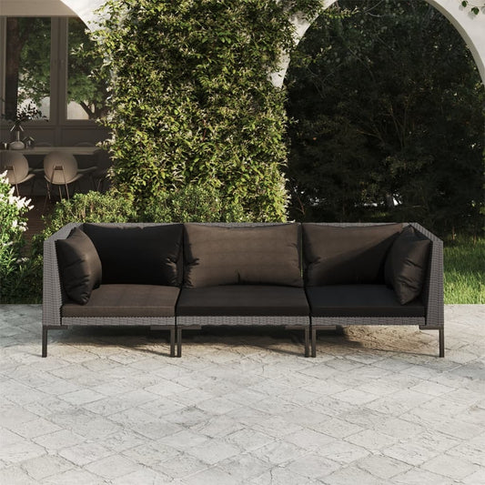 vidaXL 3 Piece Patio Lounge Set with Cushions Poly Rattan Dark Gray