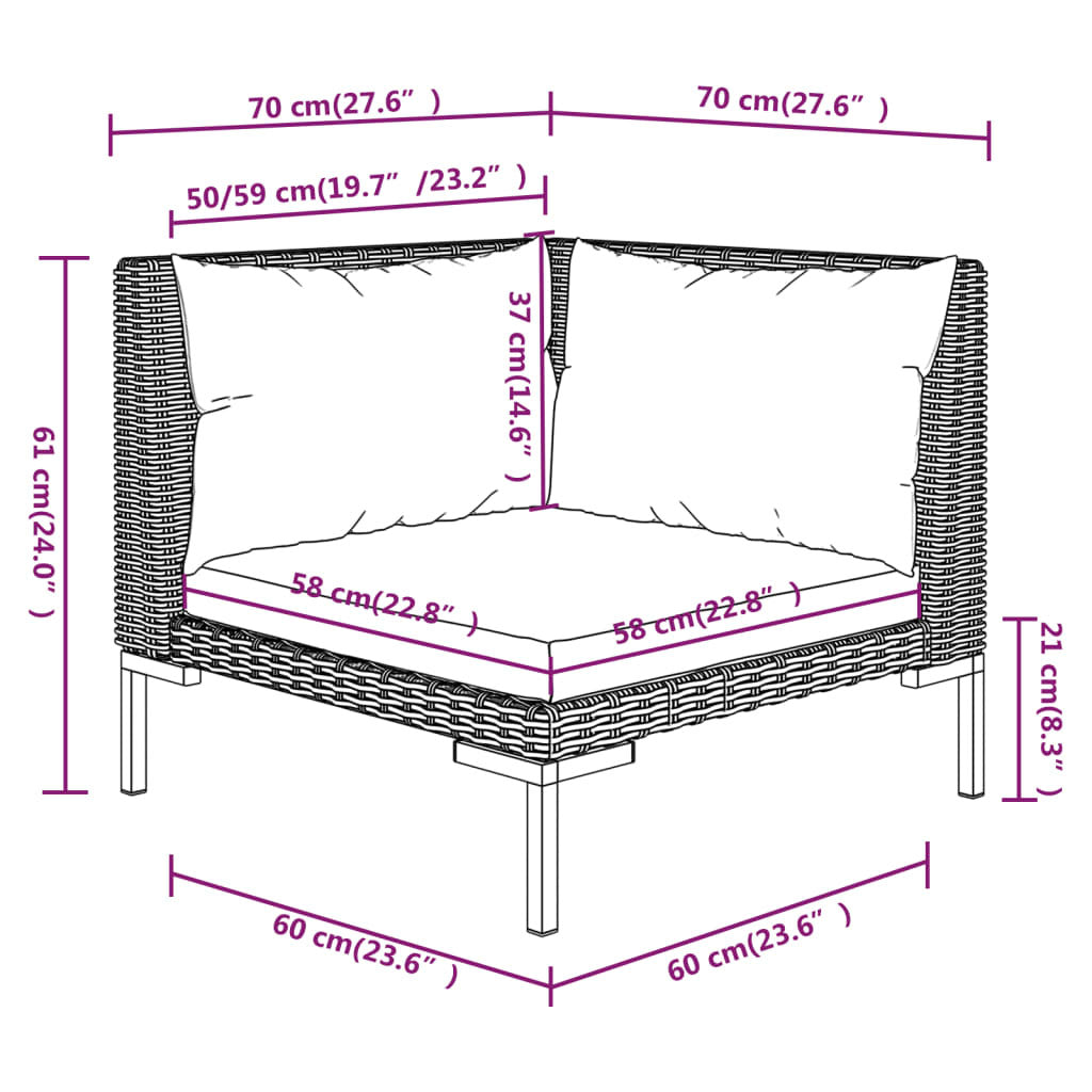 vidaXL 3 Piece Patio Lounge Set with Cushions Poly Rattan Dark Gray