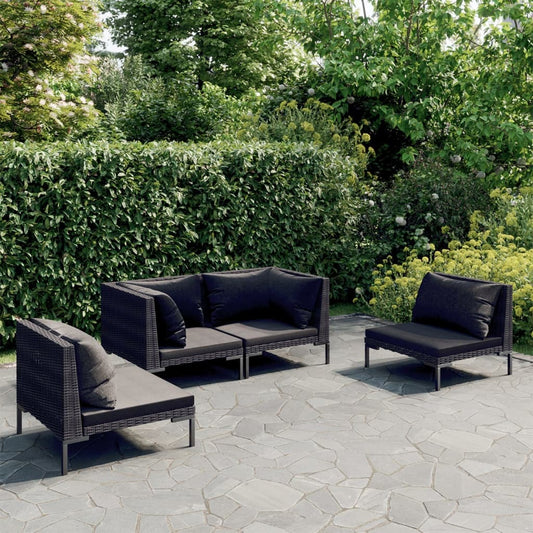 vidaXL 4 Piece Patio Lounge Set with Cushions Poly Rattan Dark Gray