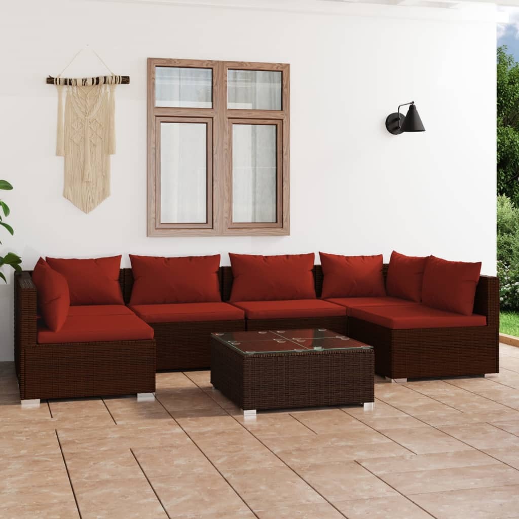 vidaXL 7 Piece Patio Lounge Set with Cushions Poly Rattan Brown