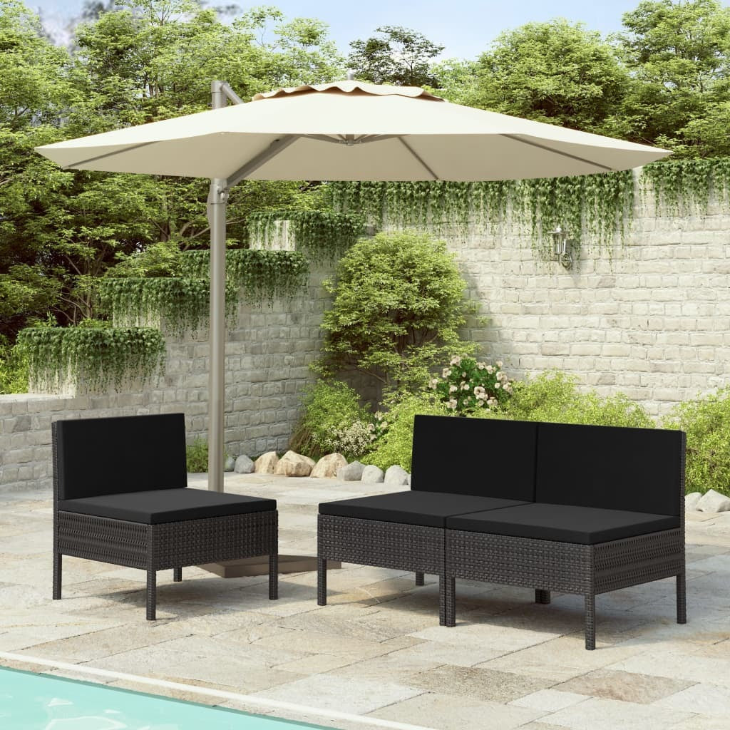 vidaXL Patio Chairs 3 pcs with Cushions Poly Rattan Black