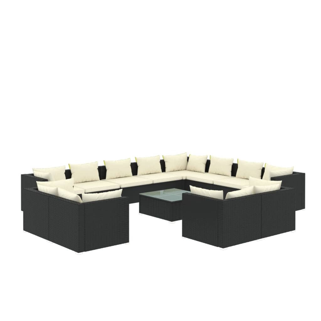 vidaXL 13 Piece Garden Lounge Set with Cushions Black Poly Rattan