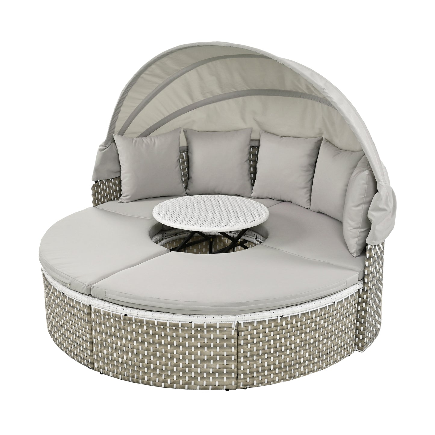 TOPMAX Patio Furniture Round Outdoor Sectional Sofa Set Rattan Daybed Two-Tone Weave Sunbed with Retractable Canopy, Separate Seating and Removable Cushion, Gray