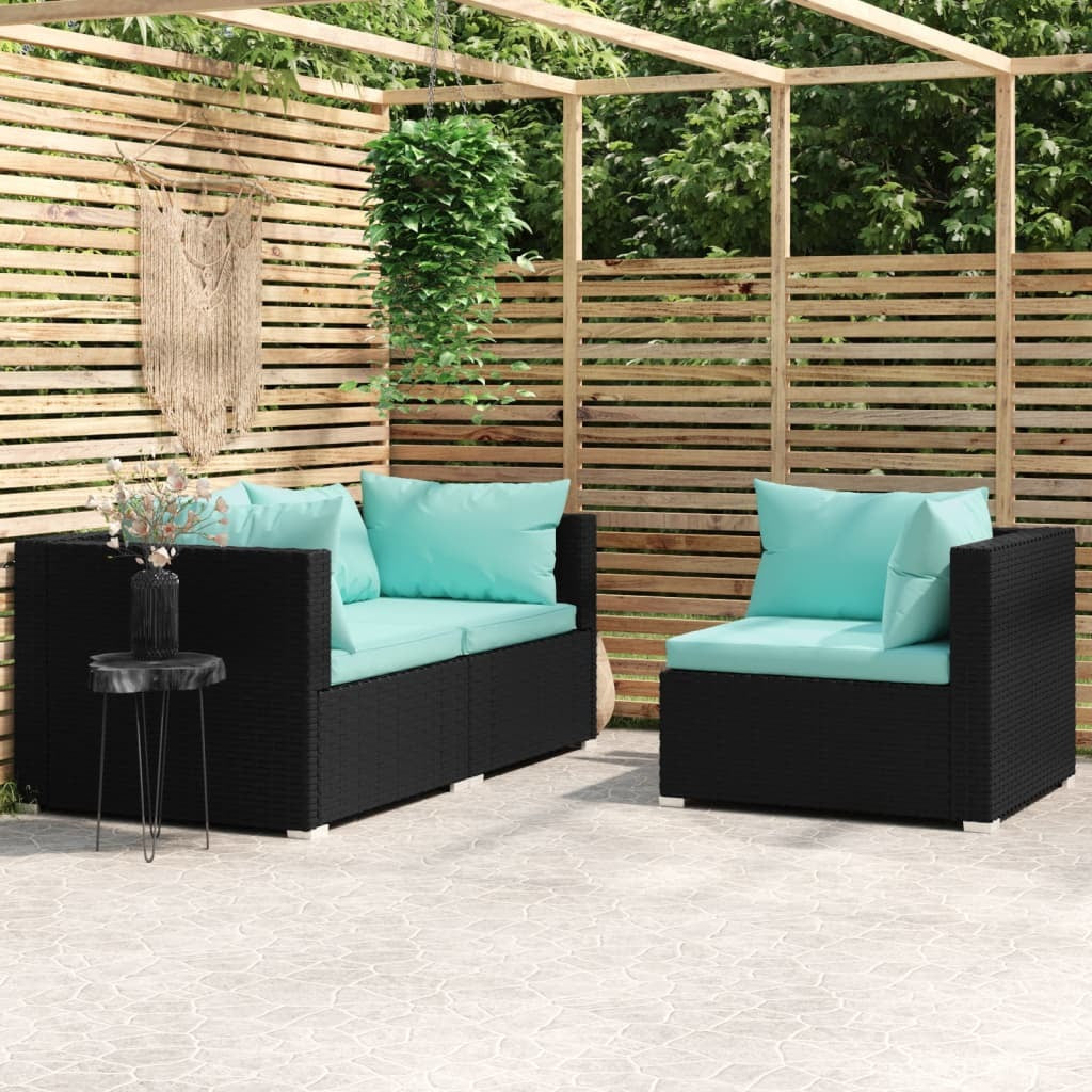 vidaXL 3 Piece Patio Lounge Set with Cushions Black Poly Rattan