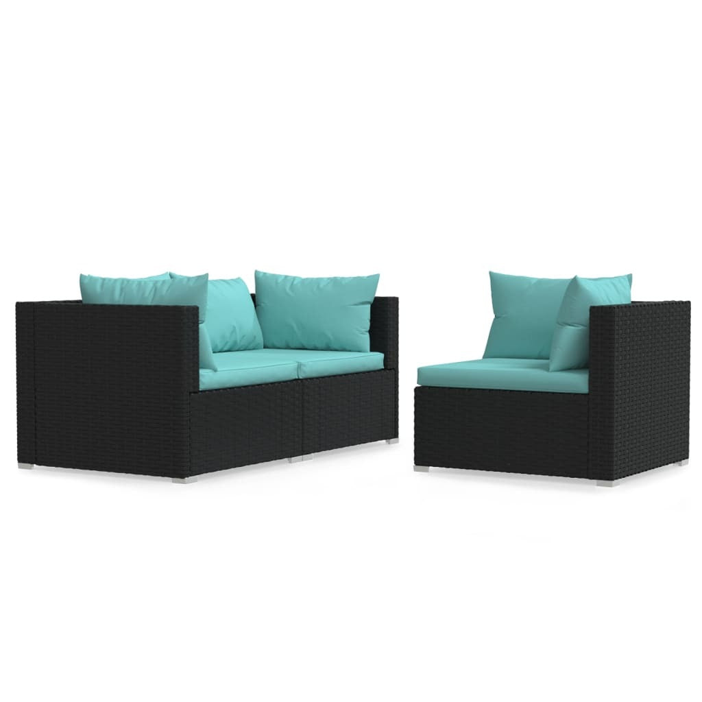 vidaXL 3 Piece Patio Lounge Set with Cushions Black Poly Rattan