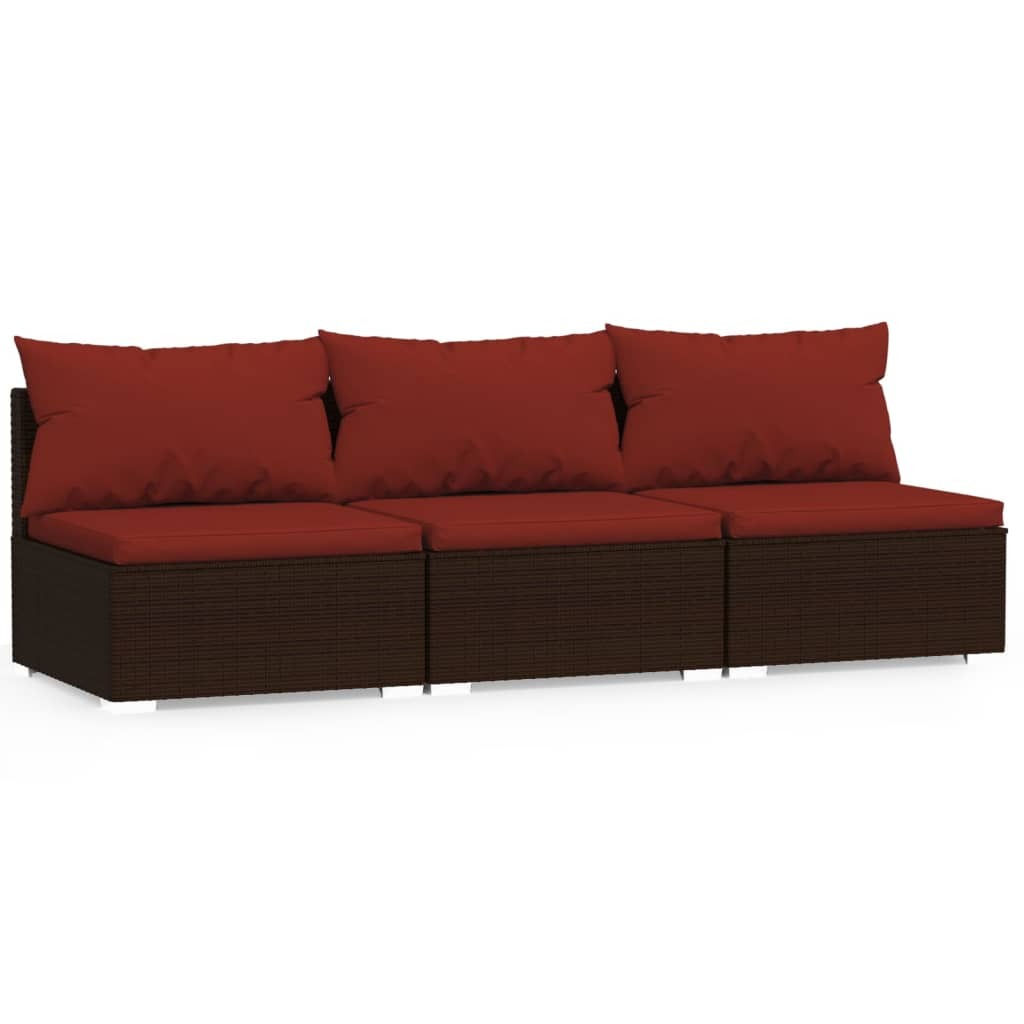 vidaXL 3 Seat Patio Sofa with Cushions Brown Poly Rattan