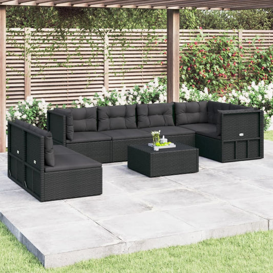 vidaXL 7 Piece Patio Lounge Set with Cushions Black Poly Rattan