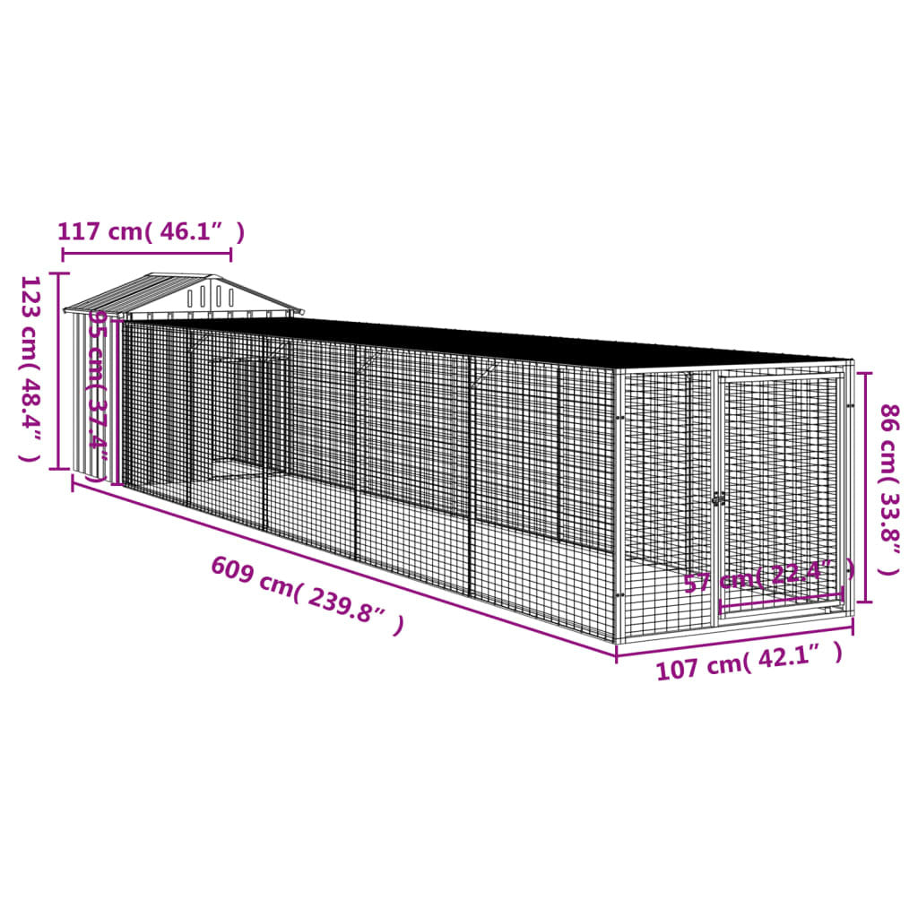 vidaXL Chicken Cage with Run Light Gray 46.1"x239.8"x48.4" Galvanized Steel