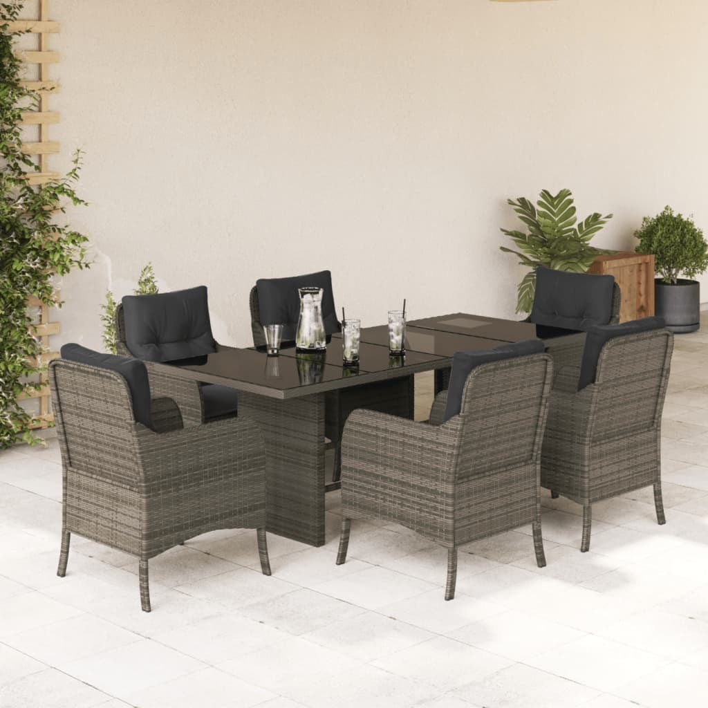 vidaXL 7 Piece Patio Dining Set with Cushions Gray Poly Rattan