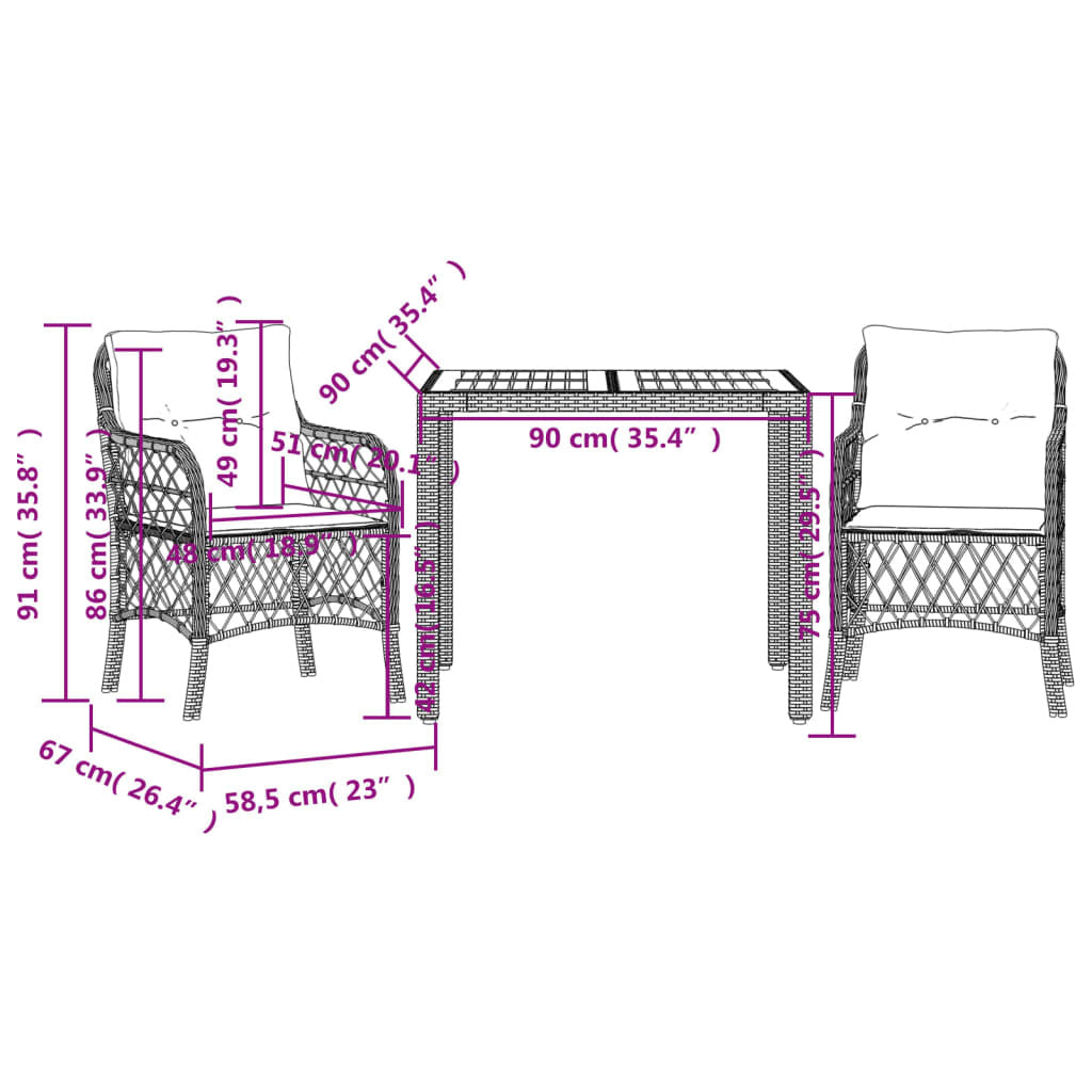 vidaXL 3 Piece Bistro Set with Cushions Gray Poly Rattan