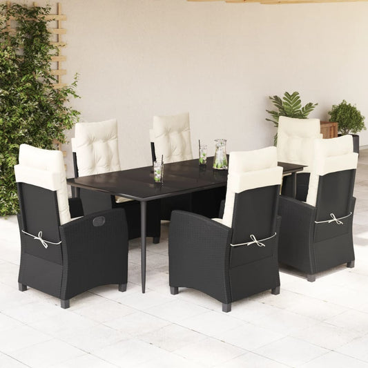 vidaXL 7 Piece Patio Dining Set with Cushions Black Poly Rattan