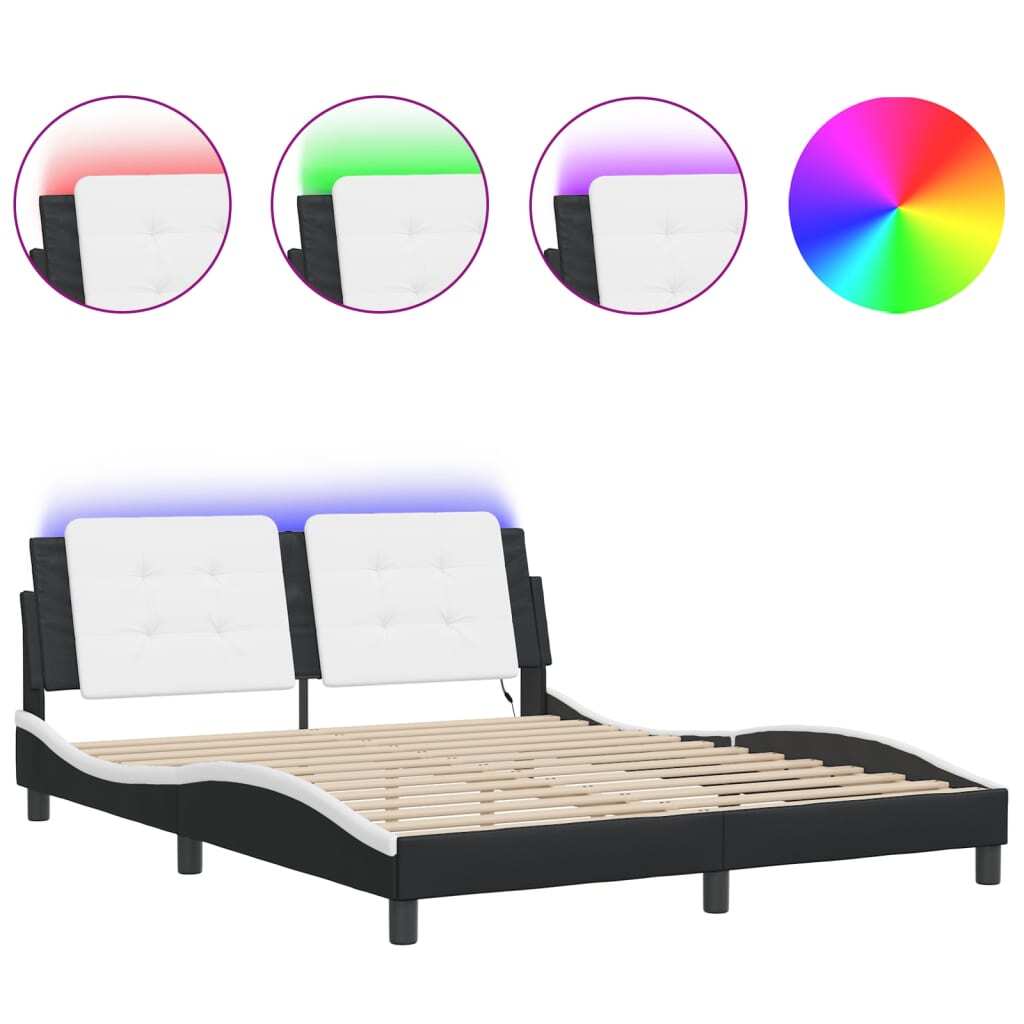 vidaXL Bed Frame with LED Light Black and White 59.8"x79.9" Queen Faux Leather
