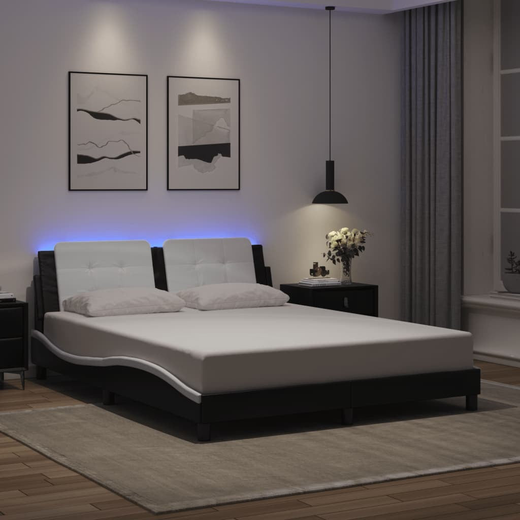 vidaXL Bed Frame with LED Light Black and White 59.8"x79.9" Queen Faux Leather