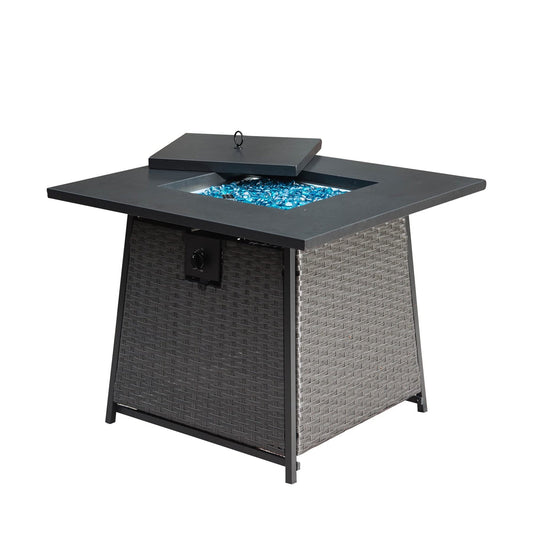 32 Inch Propane Fire Pits Table with Blue Glass Ball,50,000 BTU Outdoor Wicker Fire Table with ETL-Certified,2-in-1 Square Steel Gas Firepits (Dark Gray)