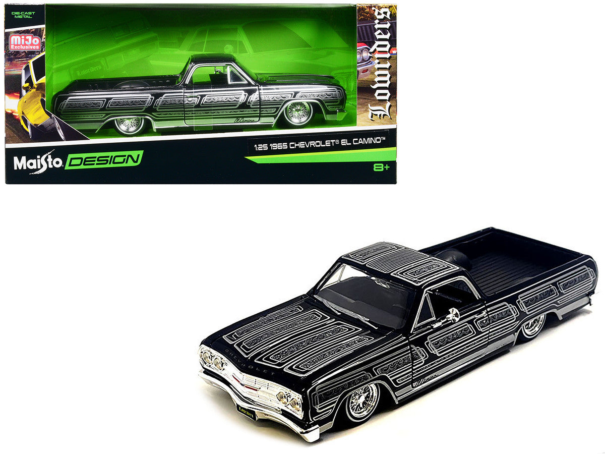 1965 Chevrolet El Camino Lowrider Black Metallic with Silver Graphics "Lowriders" Series 1/25 Diecast Model Car by Maisto-0