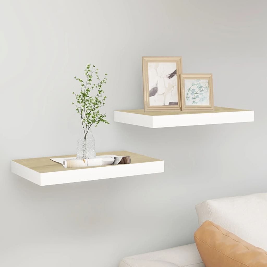 vidaXL Floating Wall Shelves 2 pcs Oak and White 15.7"x9.1"x1.5" MDF