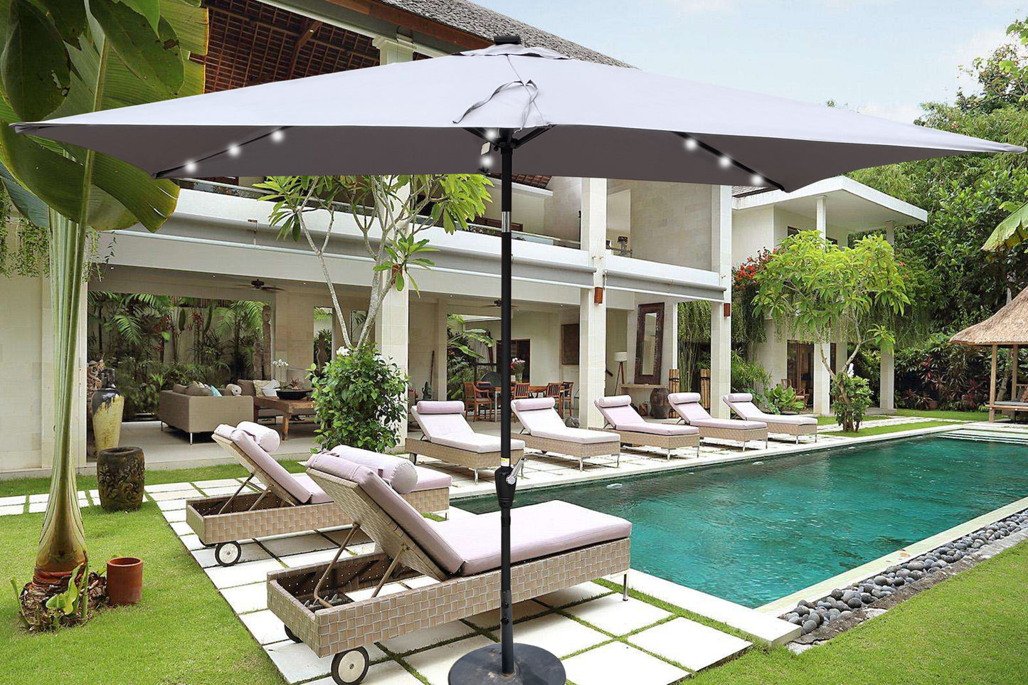 10 x 6.5t Rectangular Patio Solar LED Lighted Outdoor Umbrellas with Crank and Push Button Tilt for Garden Backyard Pool Swimming Pool