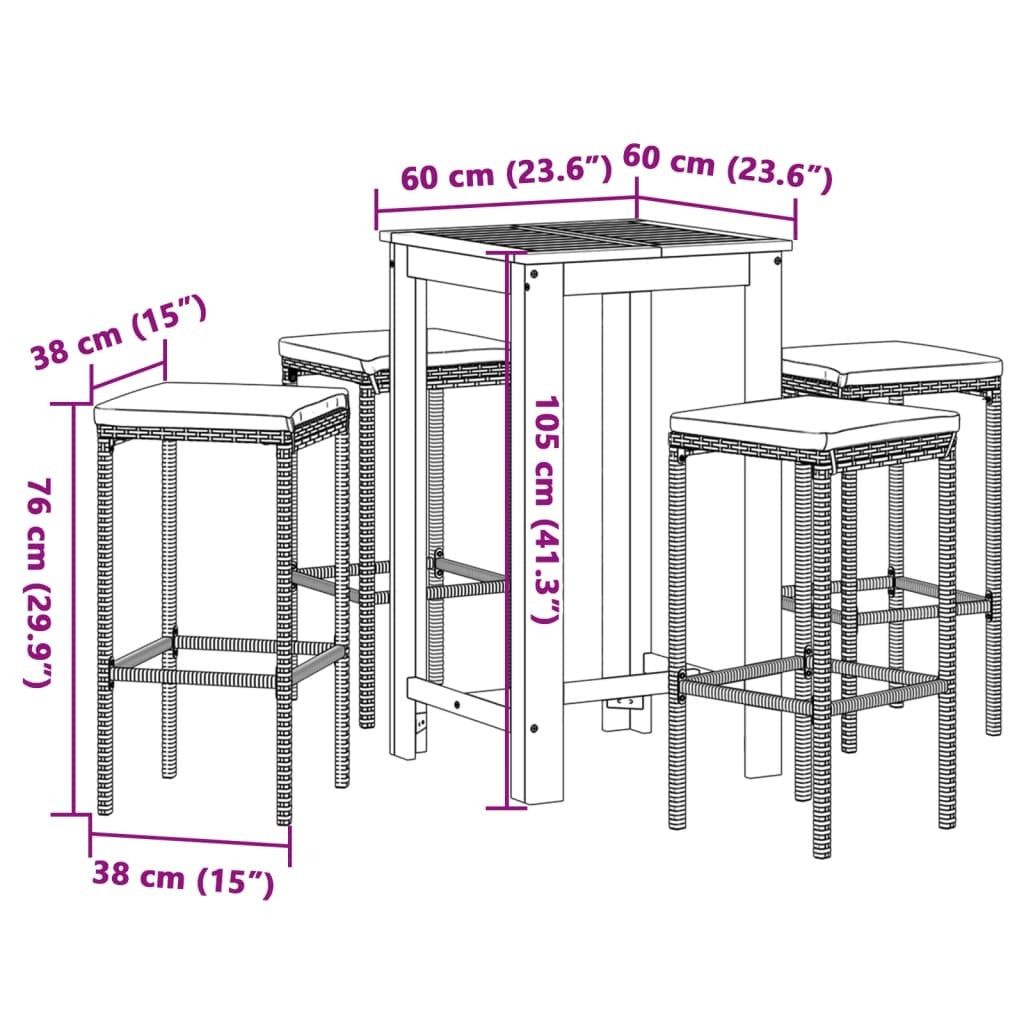 vidaXL 5 Piece Patio Bar Set Gray Solid Wood Acacia and Poly Rattan