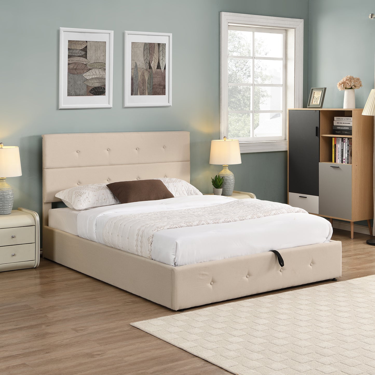 Upholstered Platform Bed with Underneath Storage,Queen Size,Beige