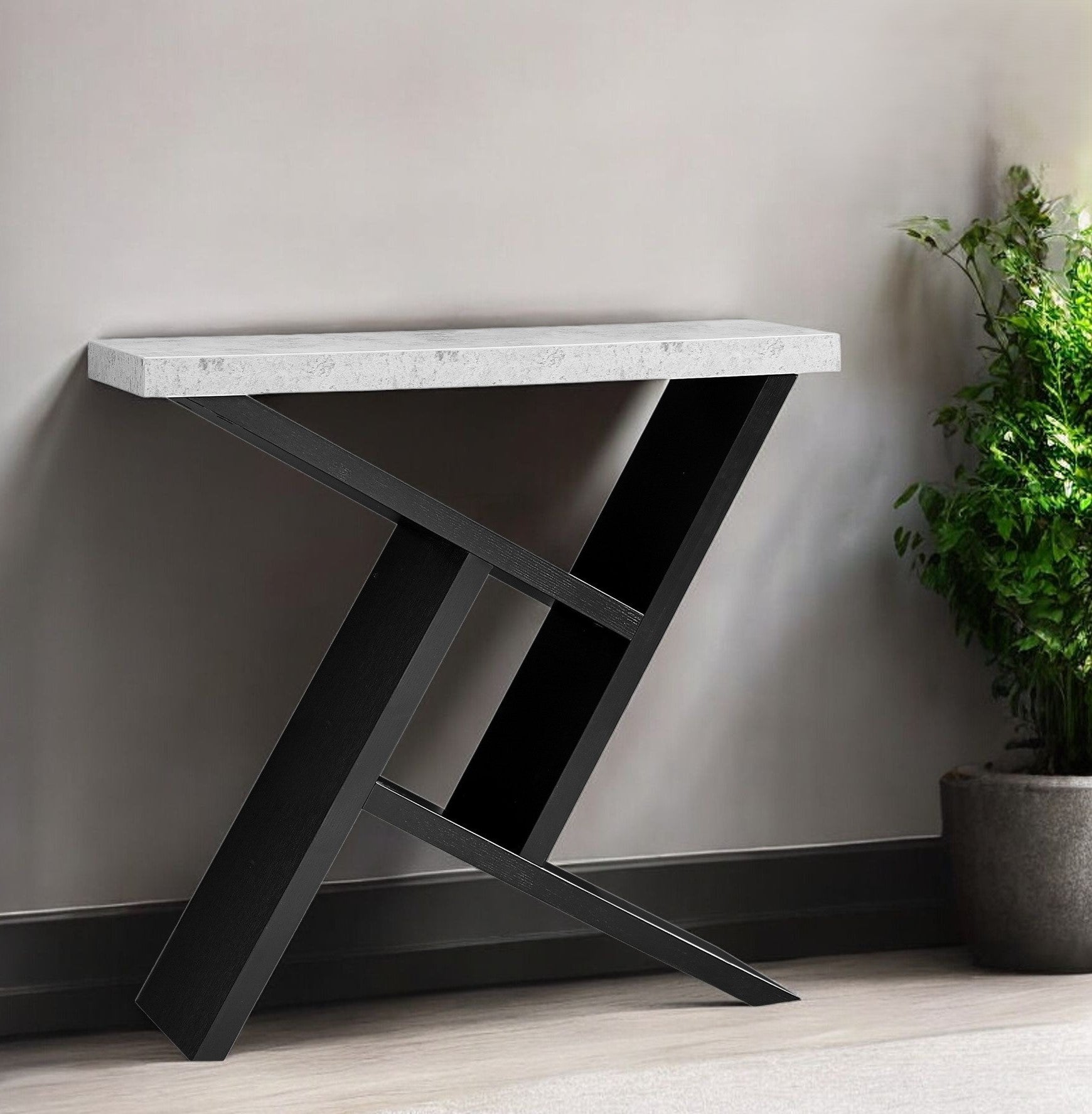 36" Gray and Black Abstract Console Table With Shelves-1