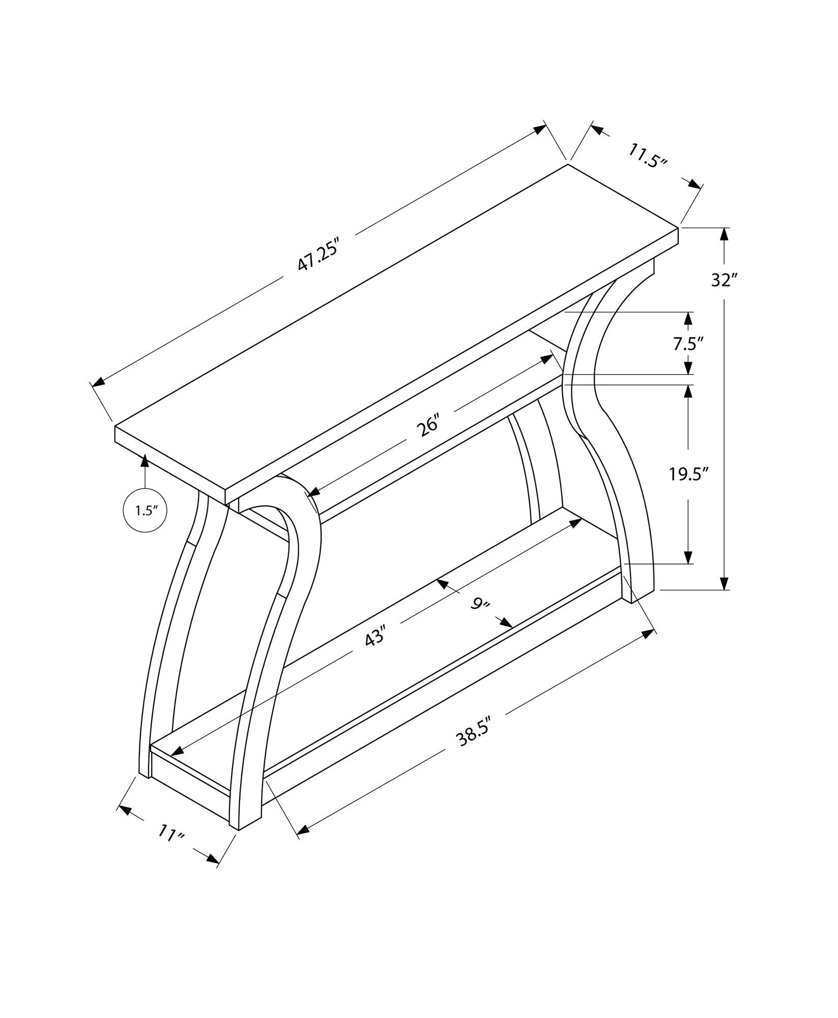 11.5" x 47.25" x 32" White Hollow Core Particle Board Accent Table-2