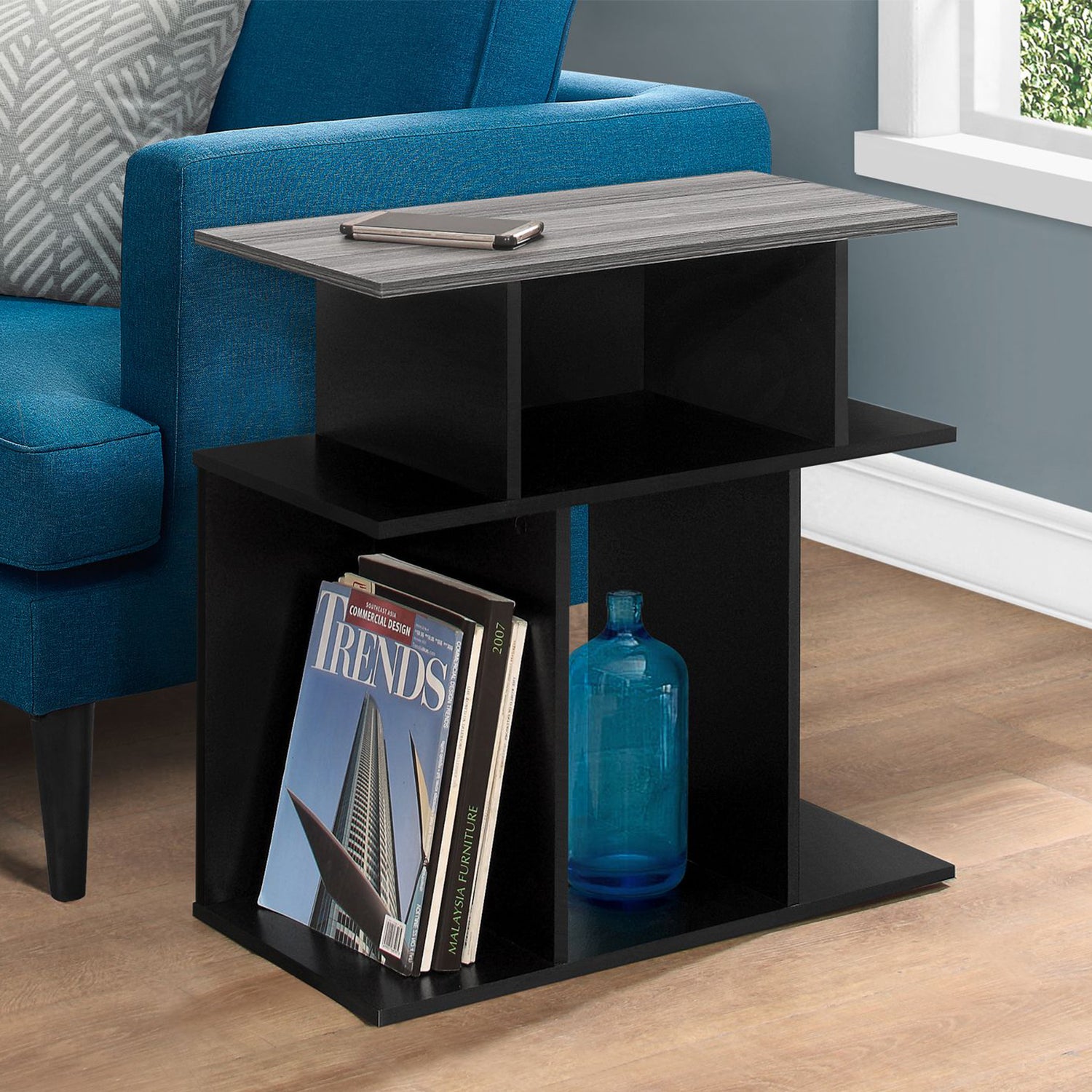 24" Black And Gray Wood End Table With 6-4