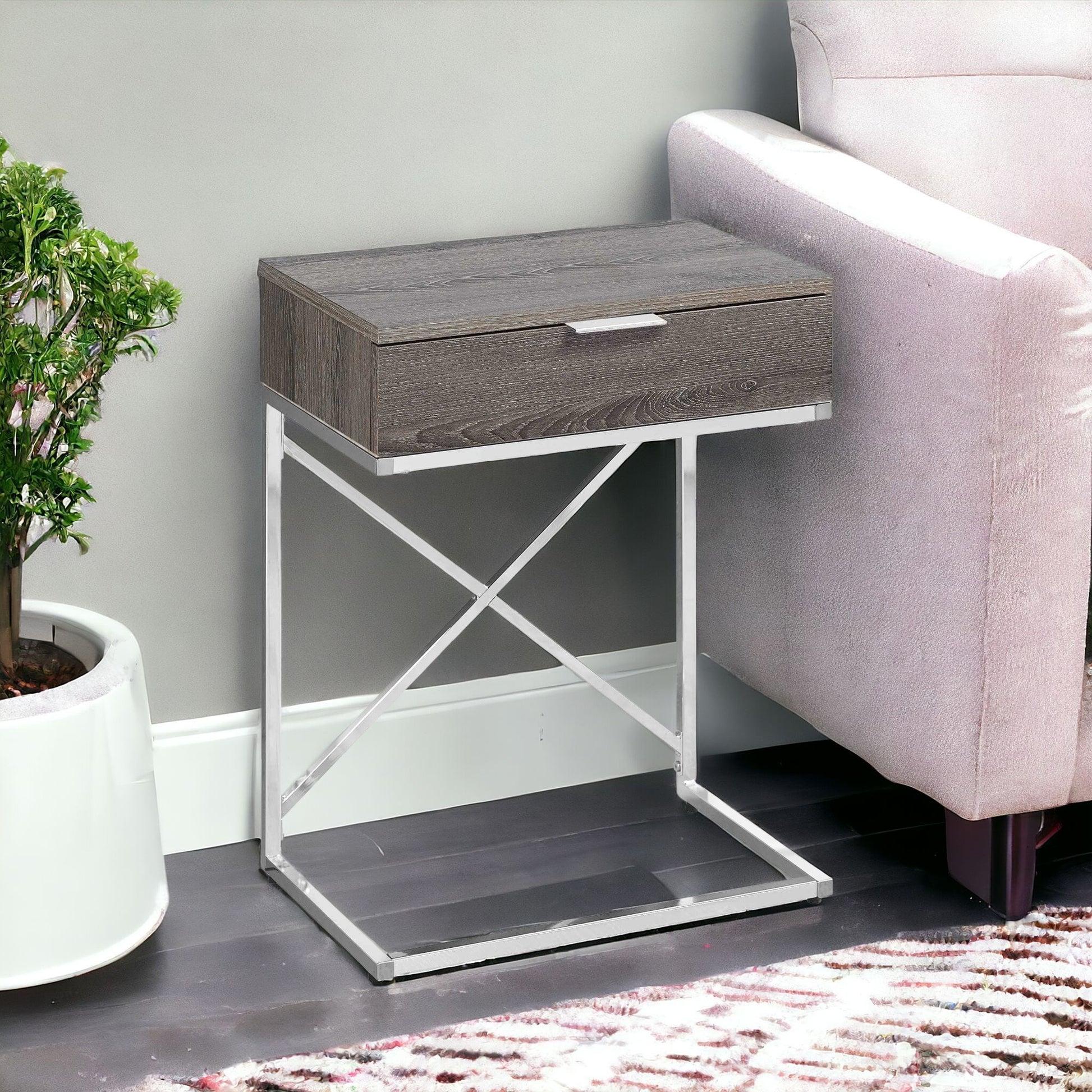 24" Silver And Taupe Wood And Metal End Table With Drawer-1