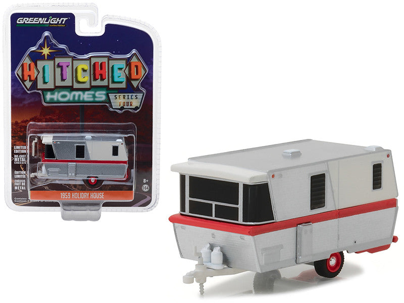 1959 Holiday House Travel Trailer Silver with Red Stripe Hitched Homes Series 4 1/64 Diecast Model by Greenlight-0