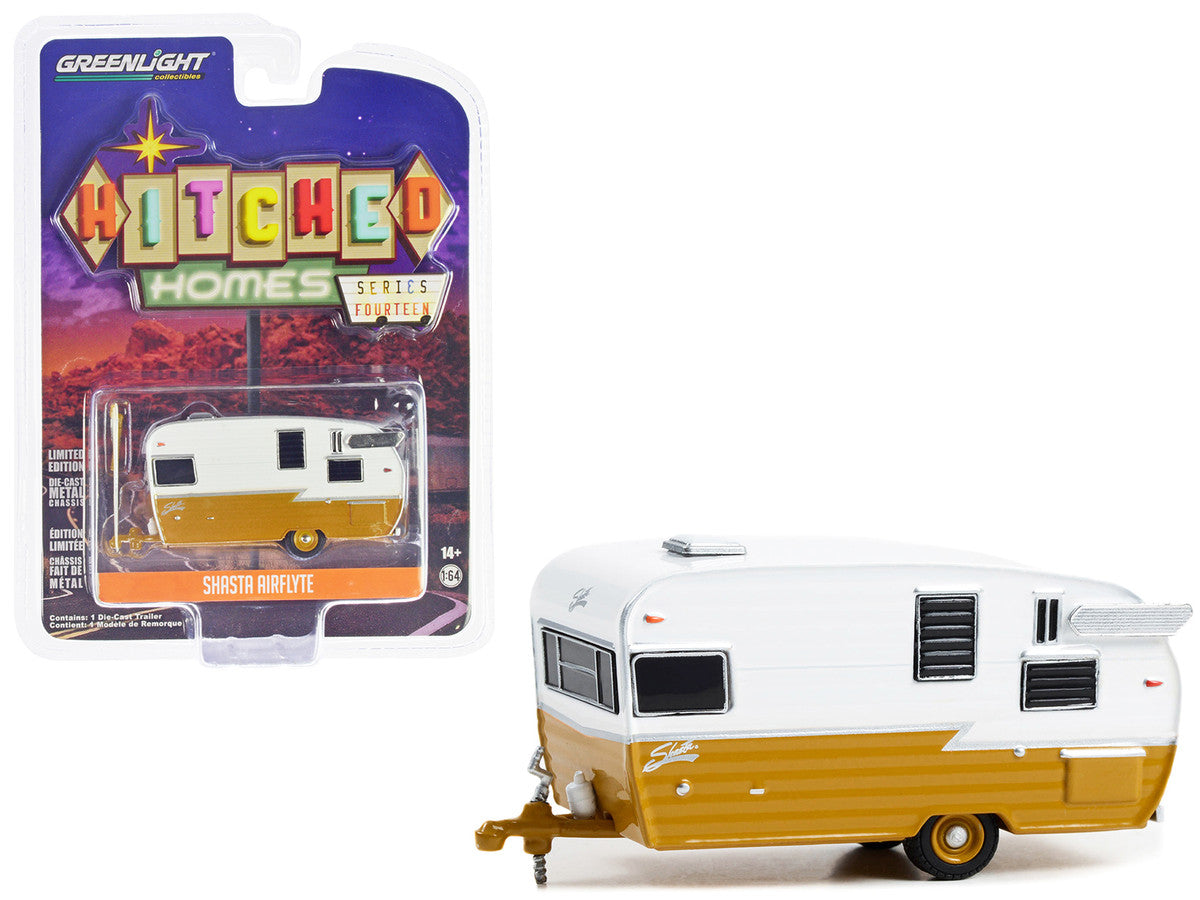 Shasta Airflyte Travel Trailer Butterscotch and White "Hitched Homes" Series 14 1/64 Diecast Model by Greenlight-0