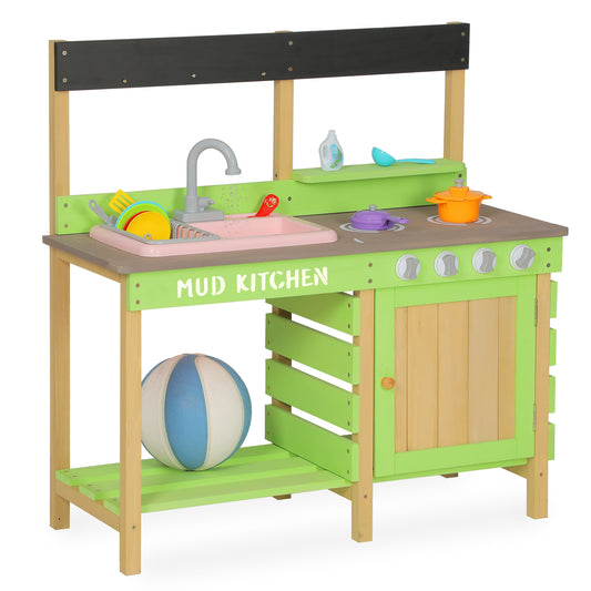Wooden Kids Kitchen Playset, Indoor Outdoor Pretend Mud Kitchen Set for Toddler, Play Kitchen Toy