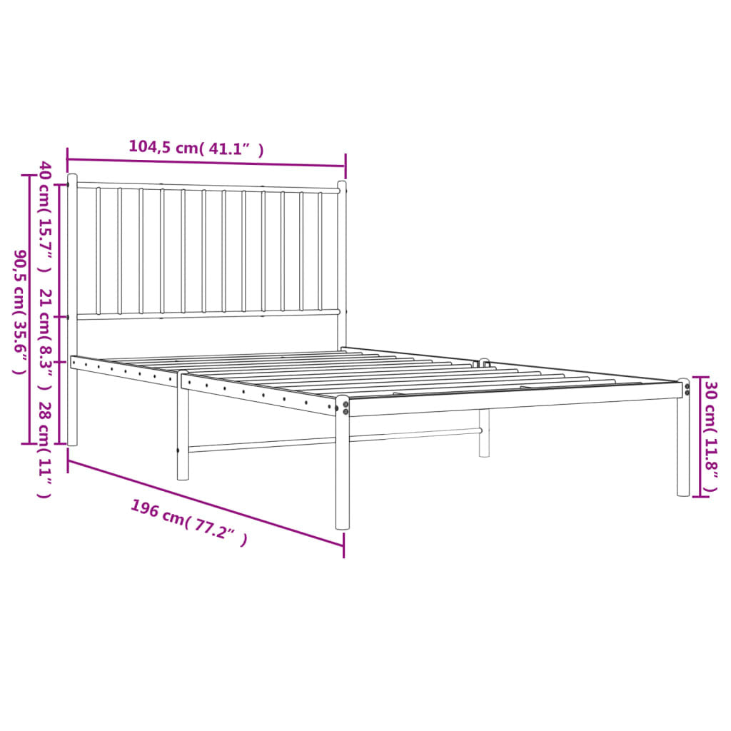 vidaXL Metal Bed Frame with Headboard White 39.4"x74.8" Twin