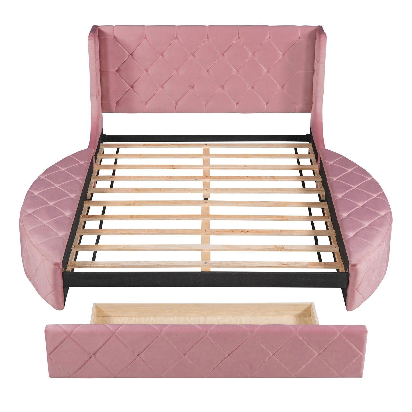 Upholstered Platform Bed Queen Size Storage Velvet Bed with Wingback Headboard and 1 Big Drawer,2 Side Storage Stool(Pink)