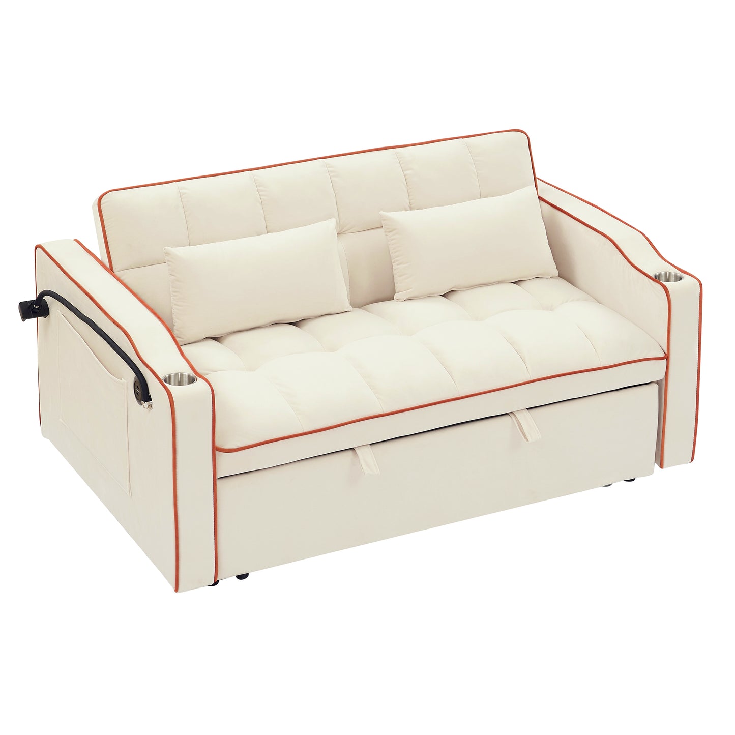 55.51 inch versatile foldable sofa bed in 3 lengths, modern sofa sofa sofa velvet pull-out bed, adjustable back and with USB port and ashtray and swivel phone stand (Beige)