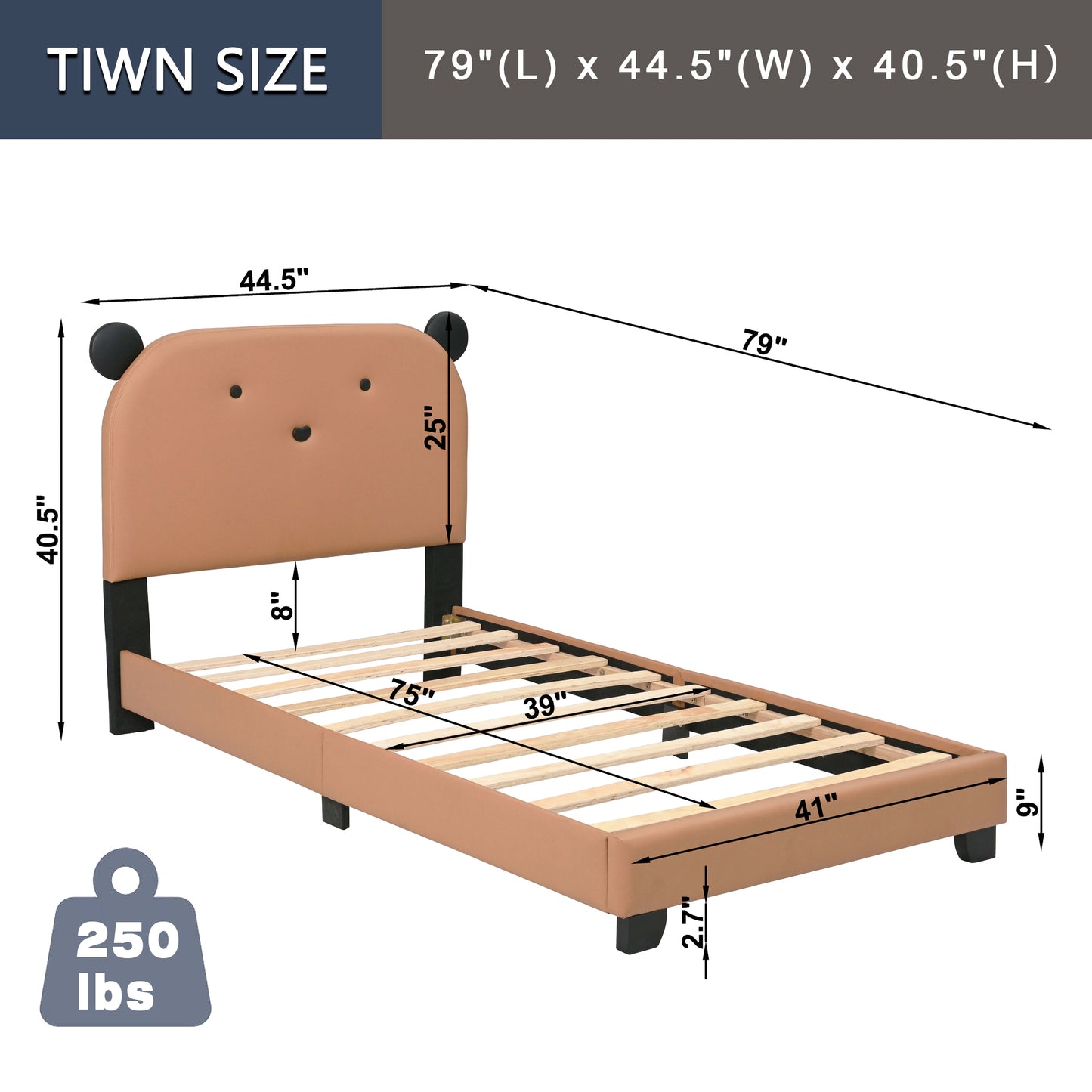 Upholstered Twin Size Platform Bed for Kids, with Slatted Bed Base, No Box Spring Needed, Brown color, Bear Design