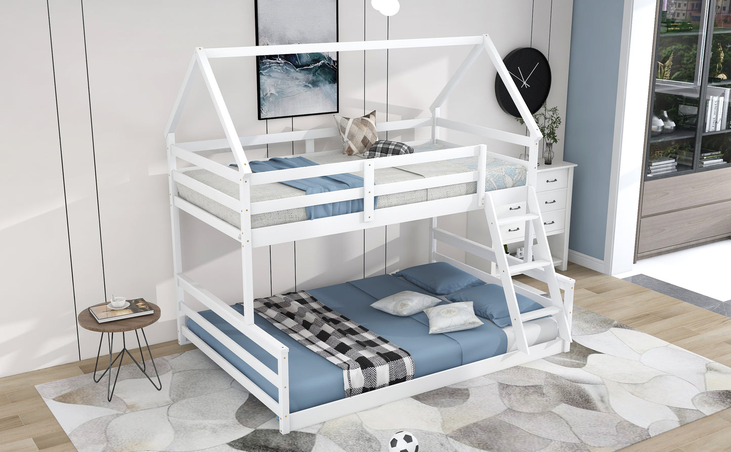 Twin over Full House Bunk Bed with Built-in Ladder,White