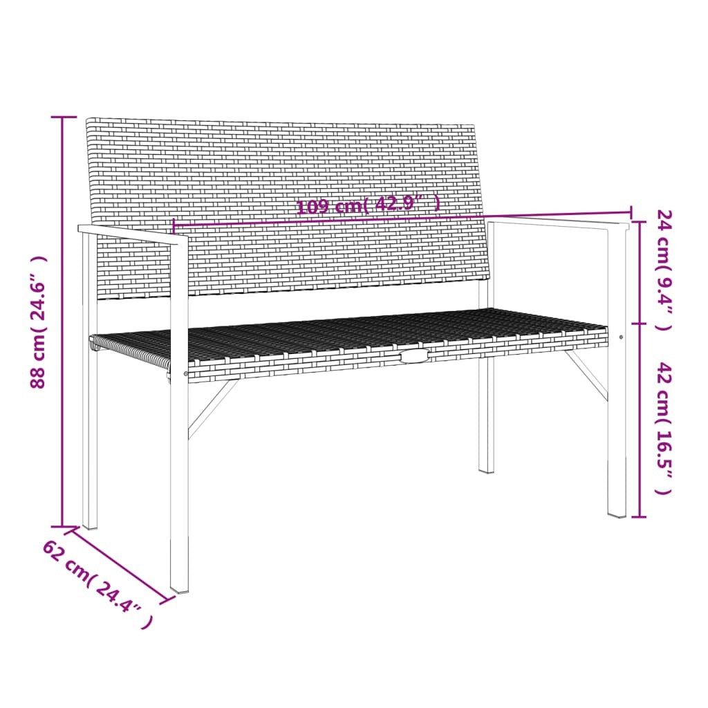 vidaXL 2-Seater Patio Bench Black Poly Rattan