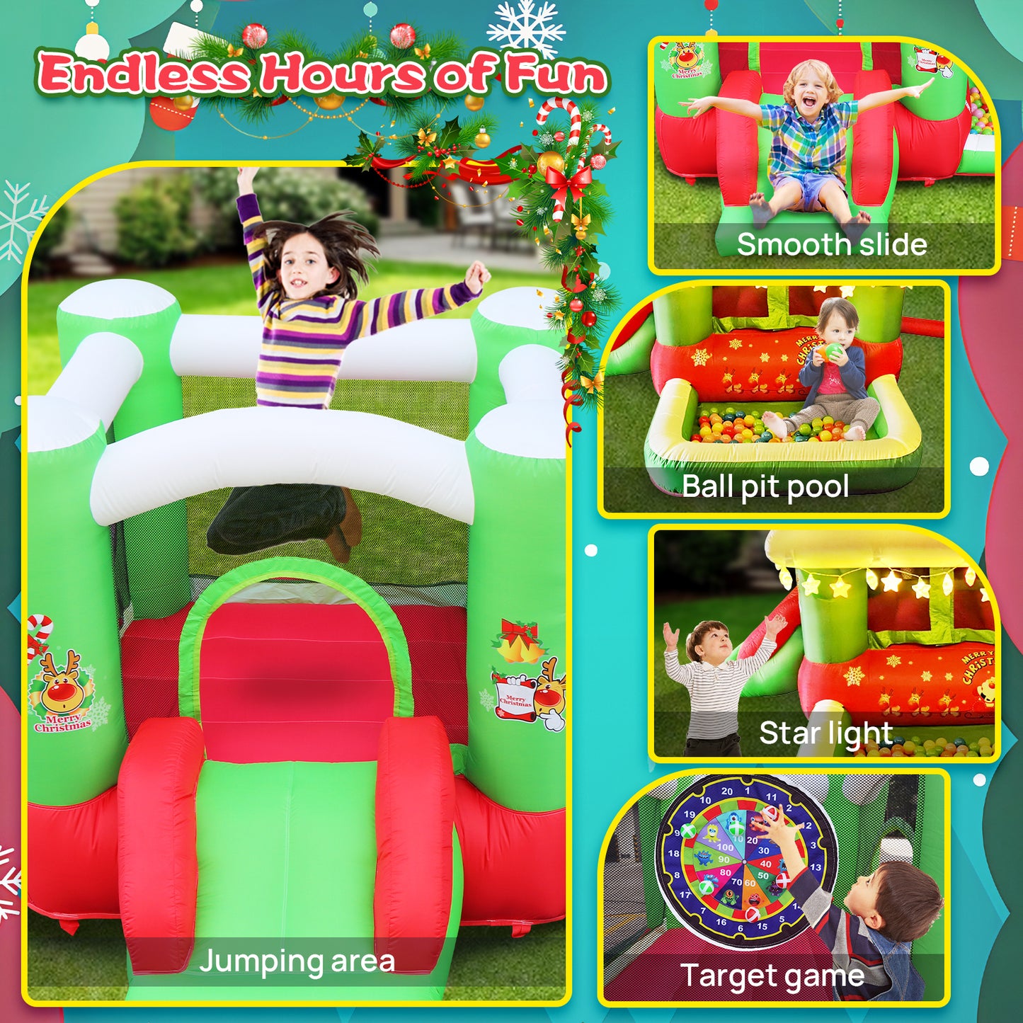 Christmas Jump 'n Slide Inflatable Bouncer for Kids Complete Setup with Blower - 80" x 91" Play Area - 55" Tall