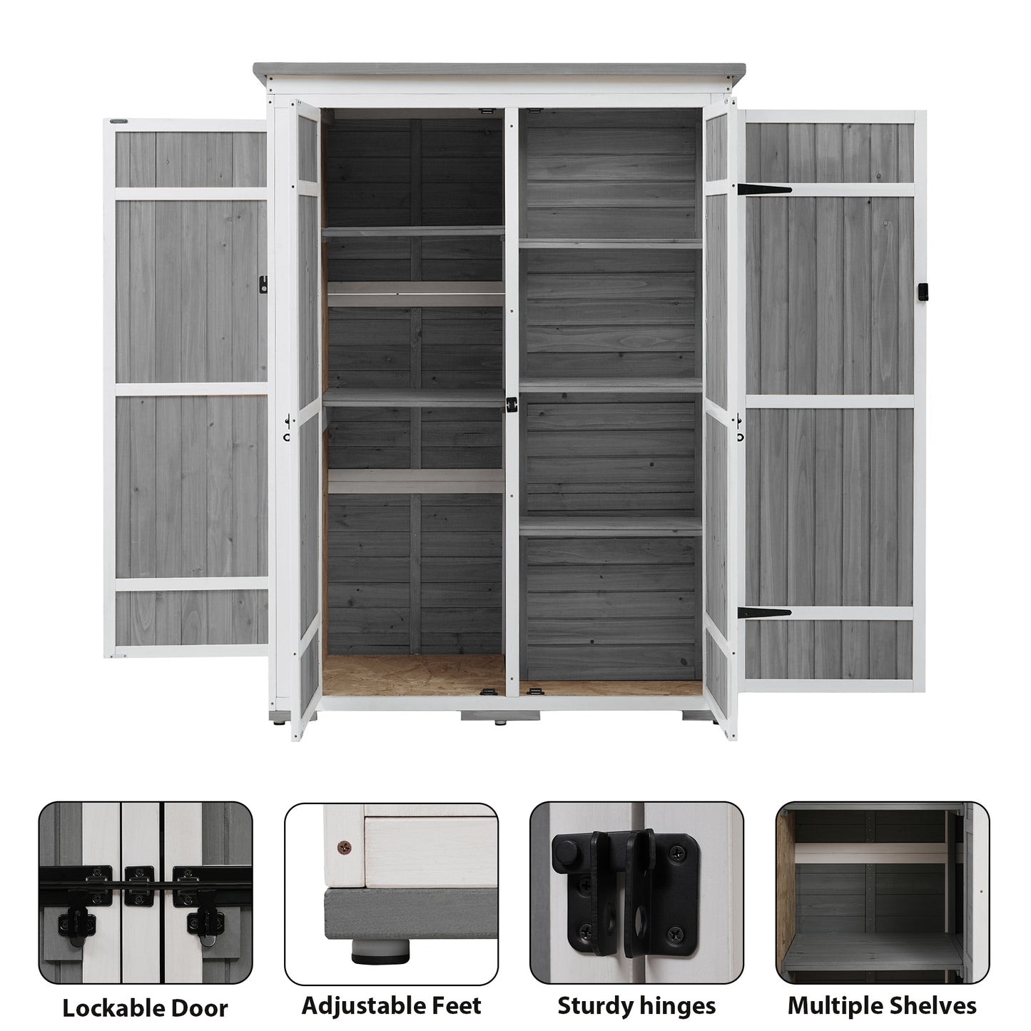 [Video Provided] TOPMAX Outdoor 5.5ft Hx4.1ft L Wood Storage Shed, Garden Tool Cabinet with Waterproof Asphalt Roof, Four Lockable Doors, Multiple-tier Shelves, White and Gray