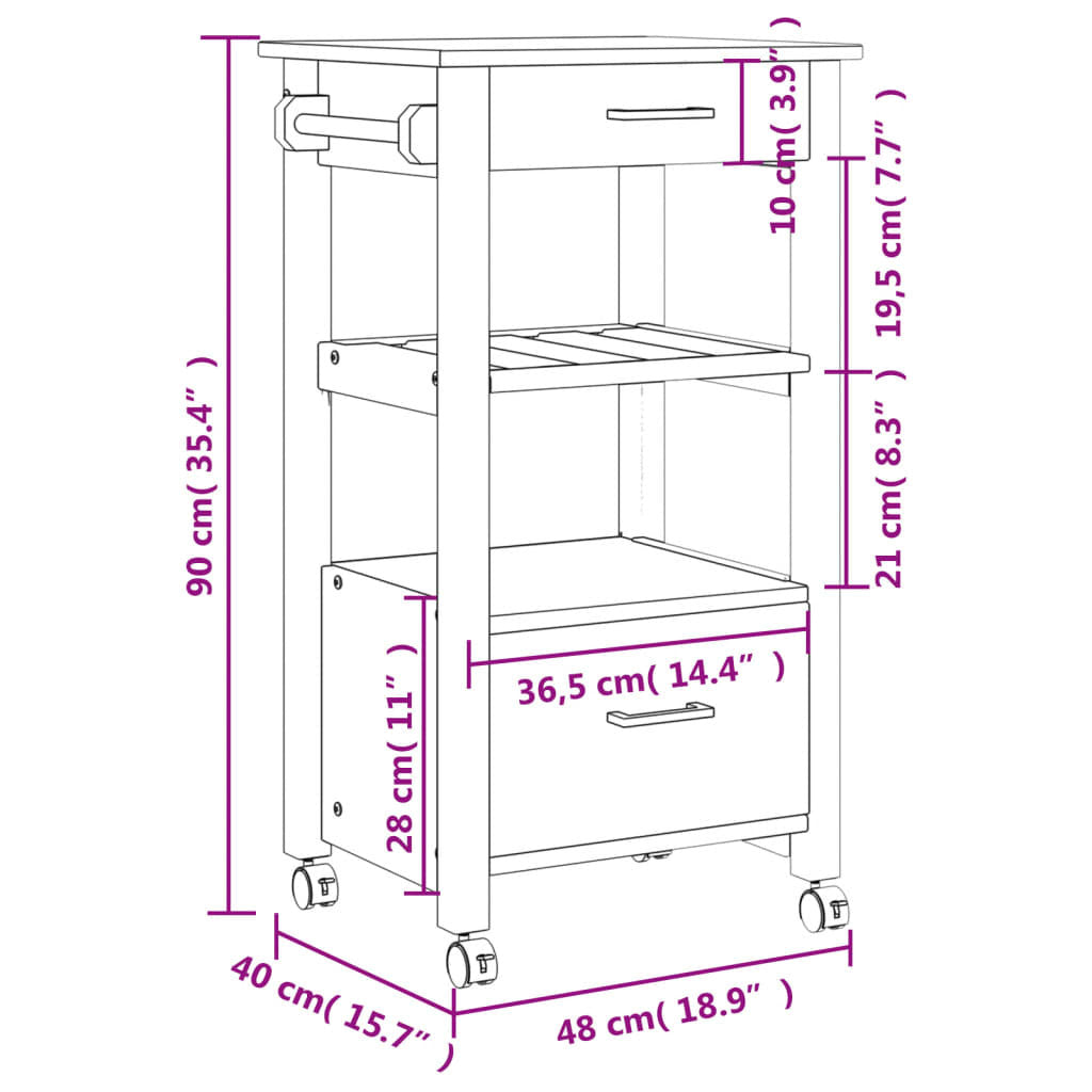 vidaXL Kitchen Trolley MONZA 18.9"x15.7"x35.4" Solid Wood Pine