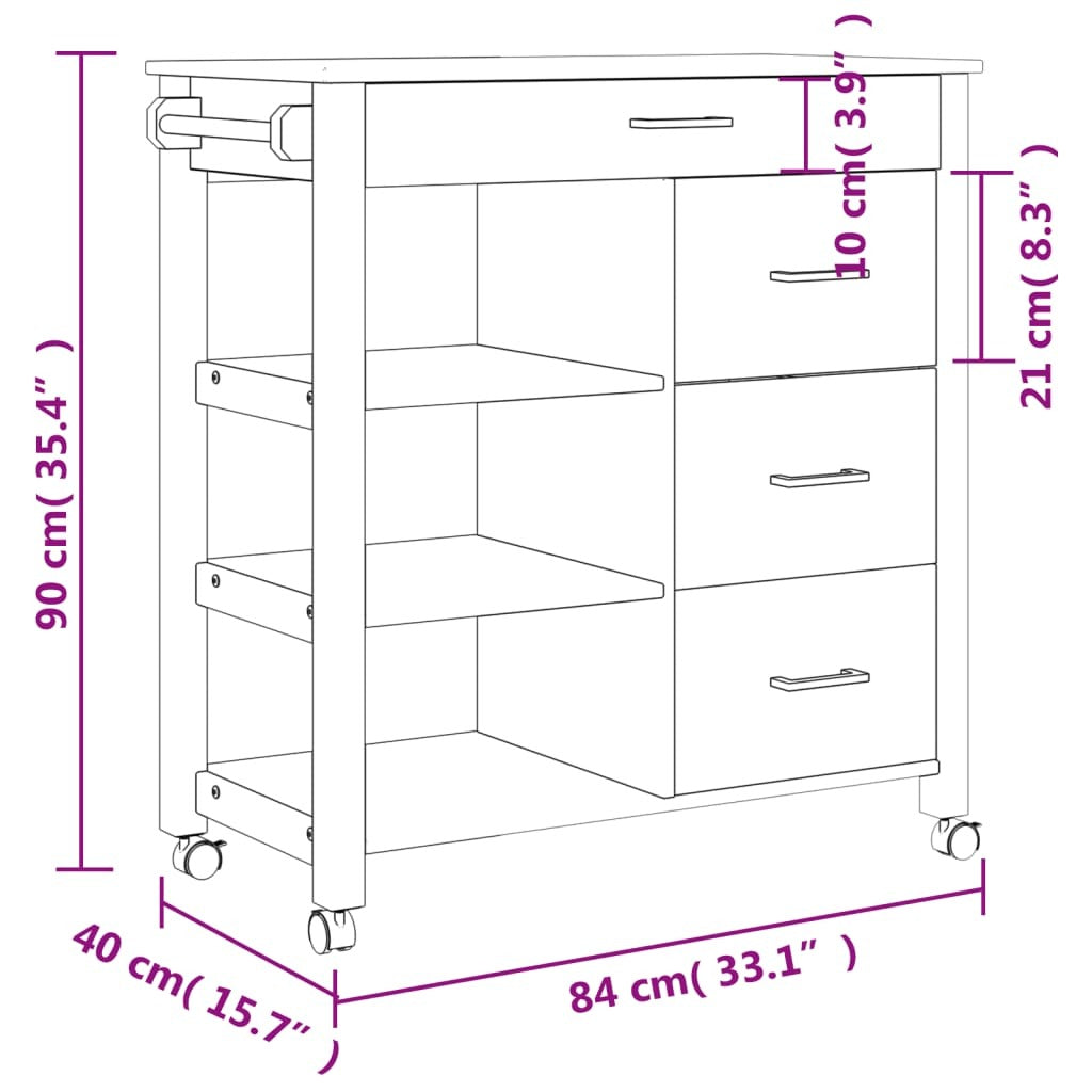 vidaXL Kitchen Trolley MONZA 33.1"x15.7"x35.4" Solid Wood Pine