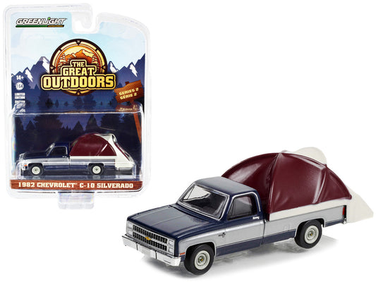 1982 Chevrolet C-10 Silverado Pickup Truck Blue and Silver with Modern Truck Bed Tent "The Great Outdoors" Series 2 1/64 Diecast Model Car by Greenlight-0