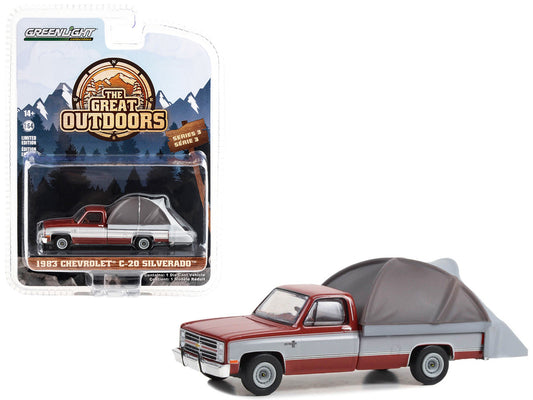 1983 Chevrolet C-20 Silverado Pickup Truck Carmine Red and Silver Metallic with Modern Truck Bed Tent "The Great Outdoors" Series 3 1/64 Diecast Model Car by Greenlight-0