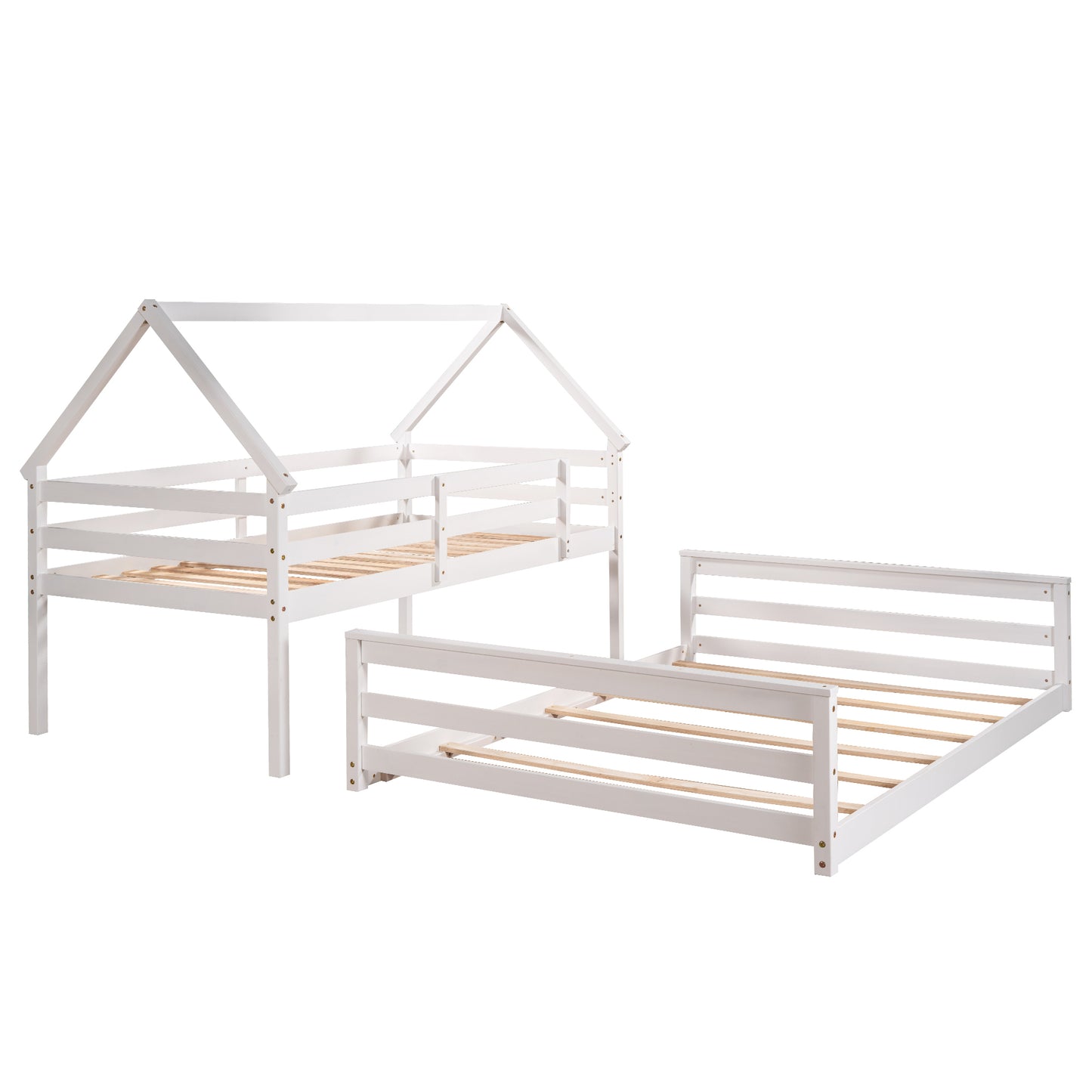 Twin over Full House Bunk Bed with Built-in Ladder,White