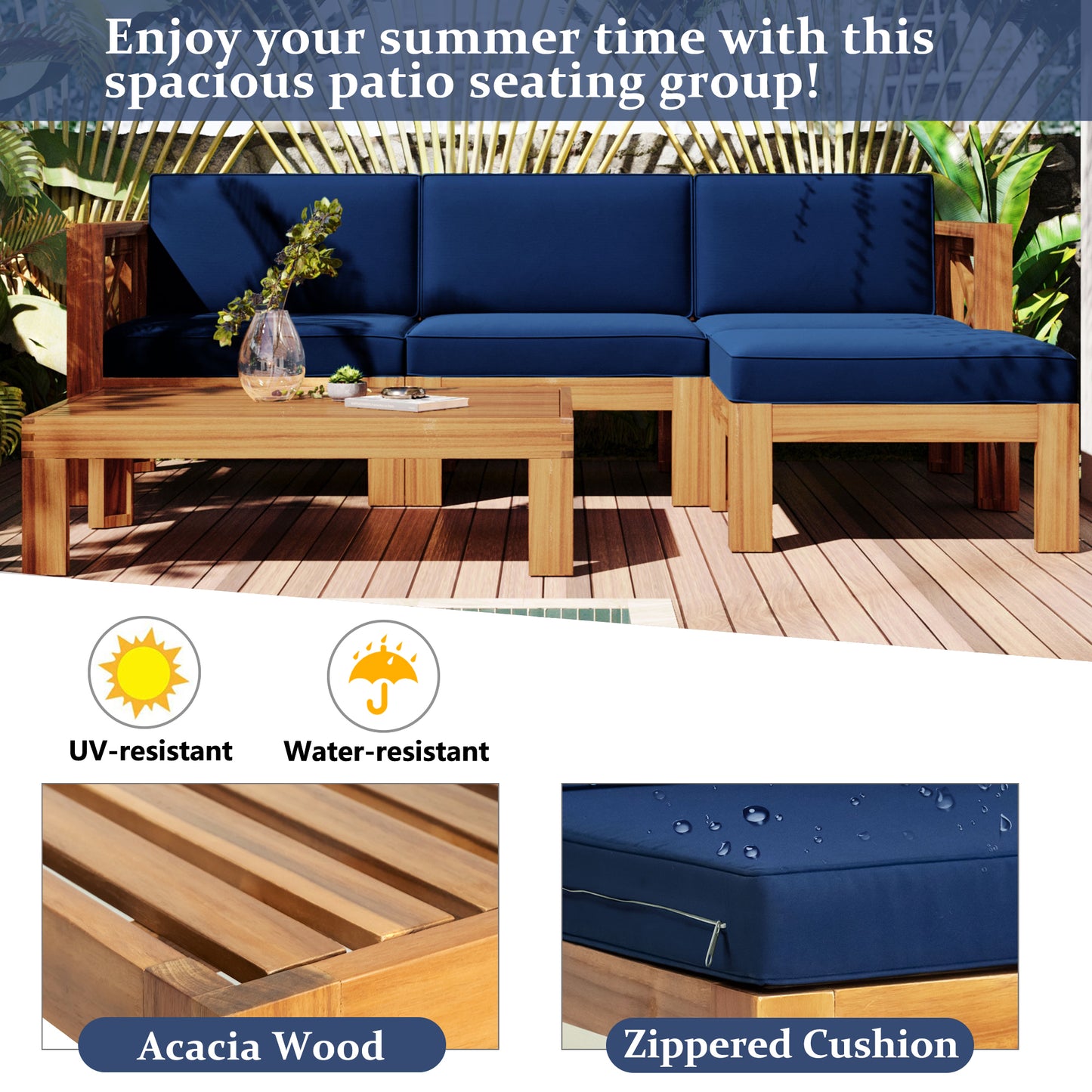 TOPMAX Outdoor Backyard Patio Wood 5-Piece Sectional Sofa Seating Group Set with Cushions, Natural Finish+ Blue Cushions