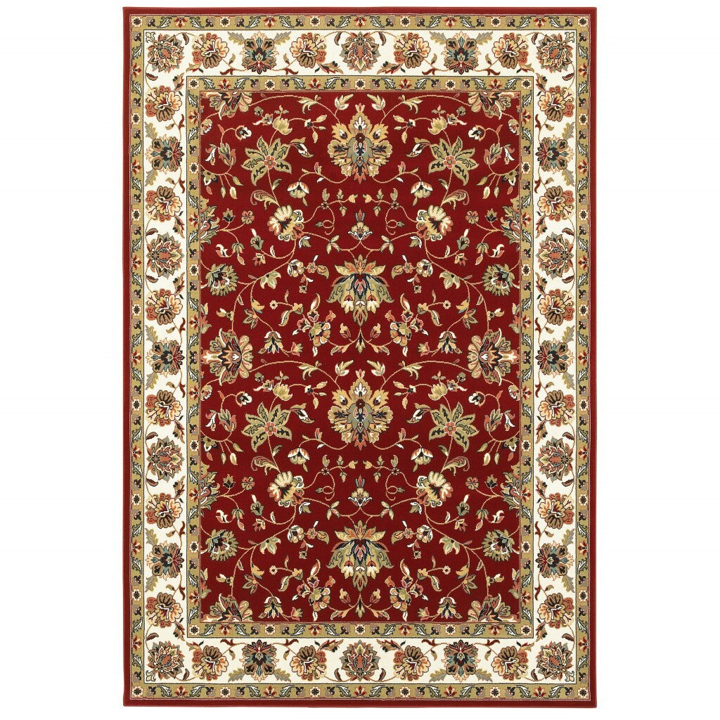 9' X 12' Red Ivory Machine Woven Floral Oriental Indoor Area Rug