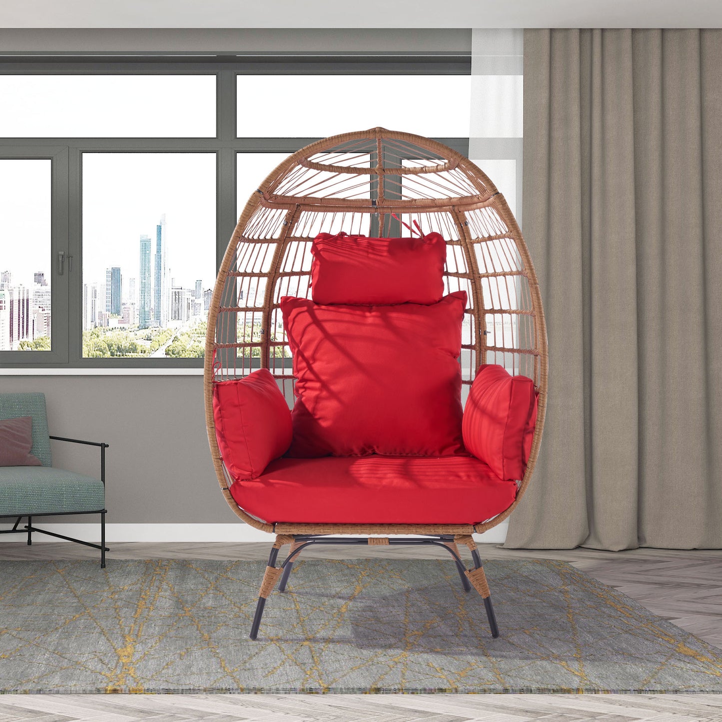 Wicker Egg Chair, Oversized Indoor Outdoor Lounger for Patio, Backyard, Living Room w/ 5 Cushions, Steel Frame, - Red