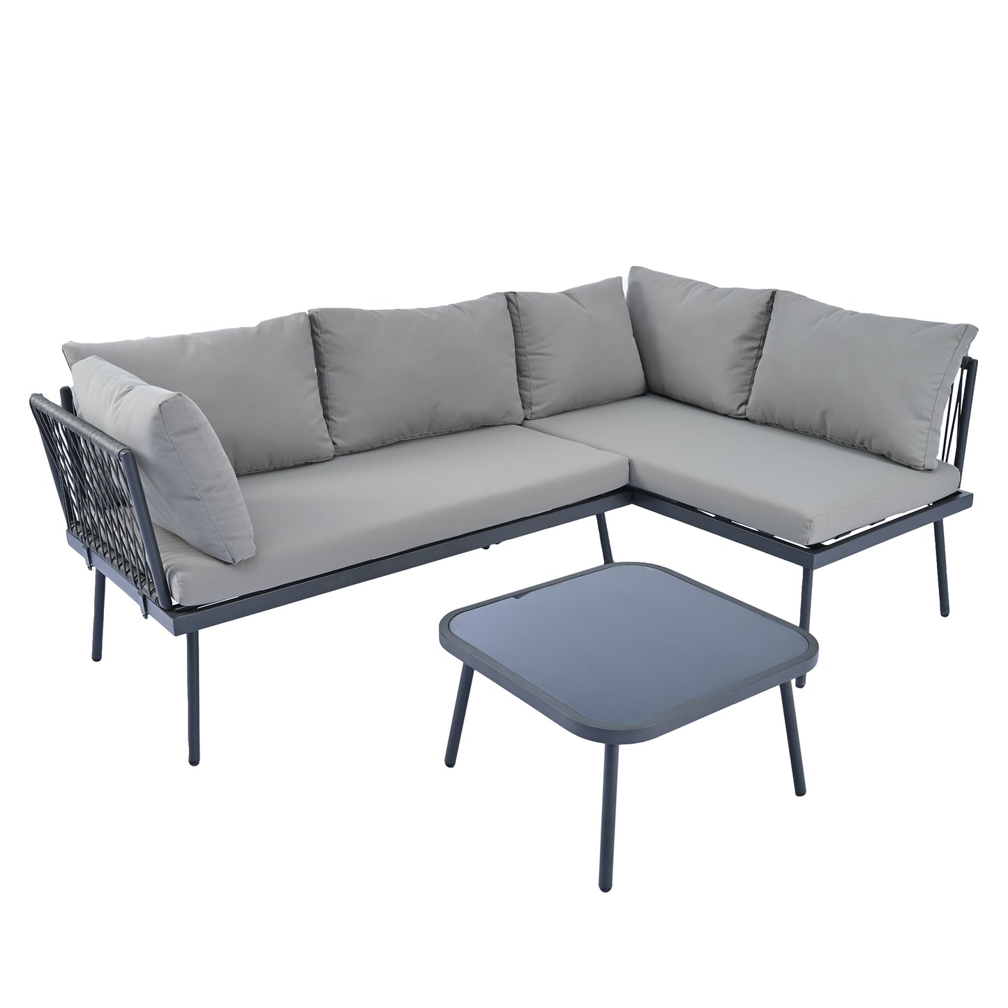 TOPMAX Modern Outdoor 3-Piece PE Rattan Sofa Set All Weather Patio Metal Sectional Furniture Set with Cushions and Glass Table for Backyard, Poolside, Garden, Gray,L-Shaped